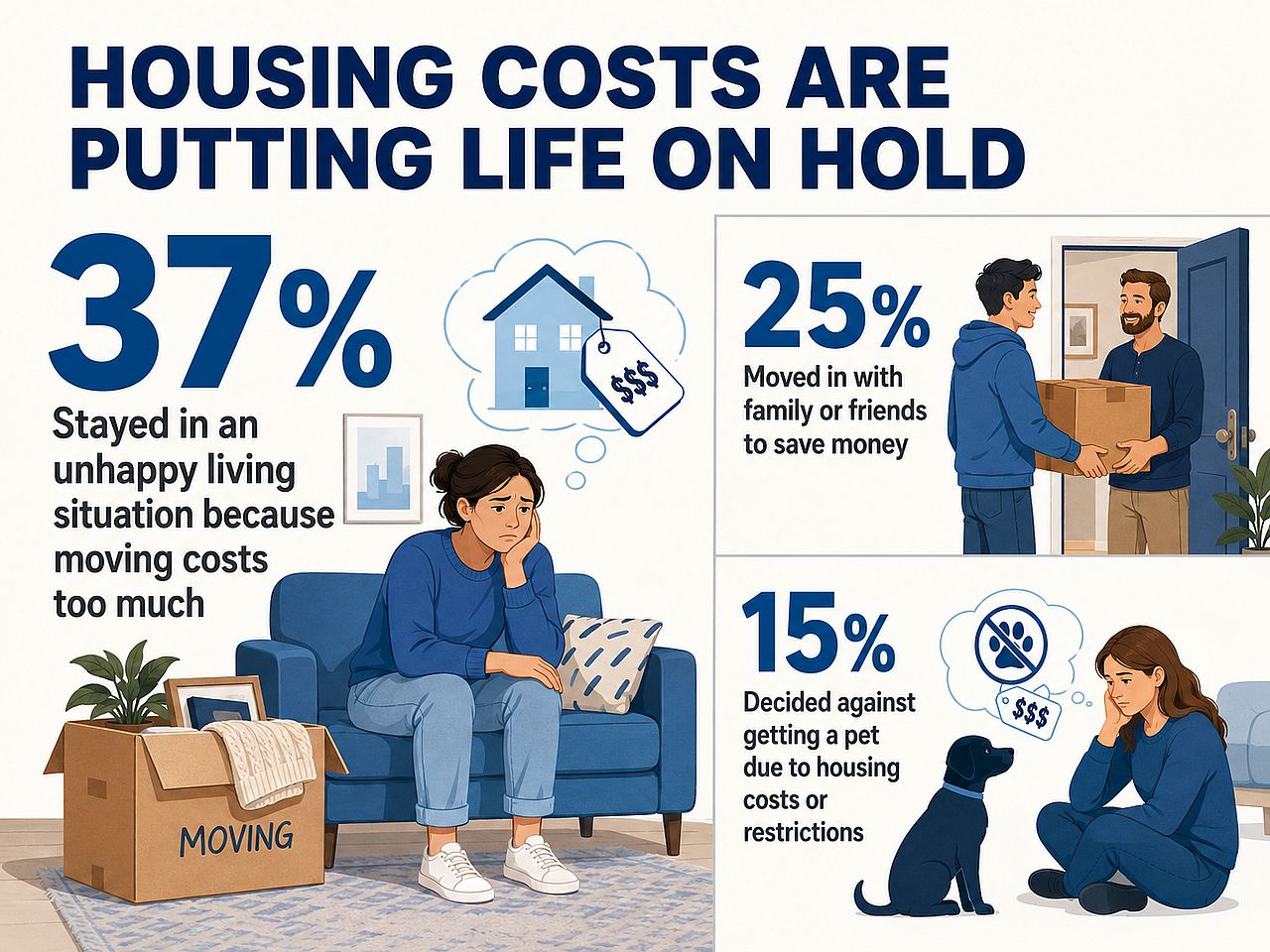Infographic reporting data on how housing costs are putting life on hold.